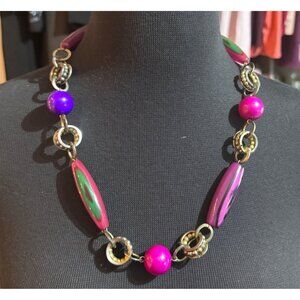 Bold Statement Necklace With Vibrant Pink & Purple Beads Silver Chain Li…